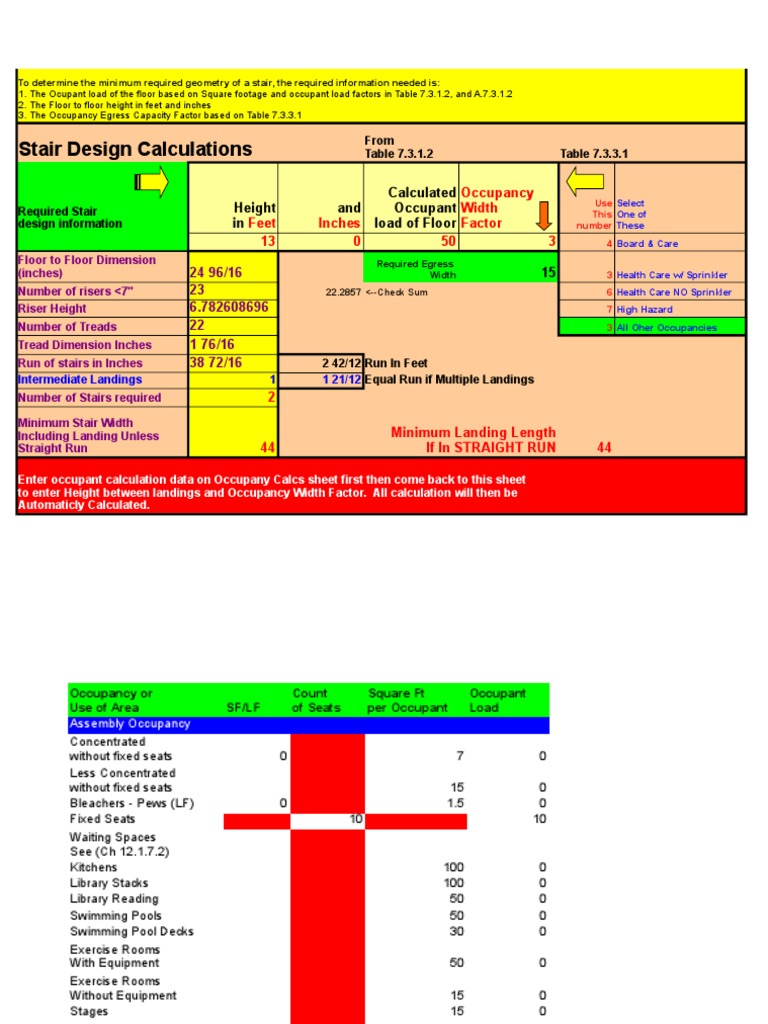 Stair Design Calculations: Height in and Calculated Occupant Load of ...