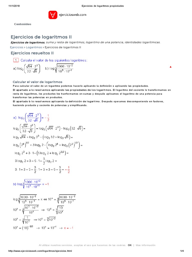 Ejercicios de Propiedades de Logaritmos | PDF | Logaritmo | Exponenciación