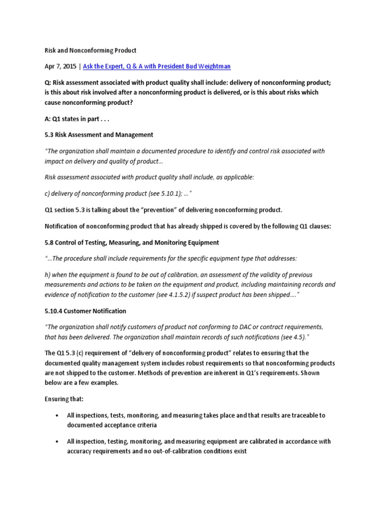 Managing Risks of Nonconforming Products | PDF | Calibration | Quality