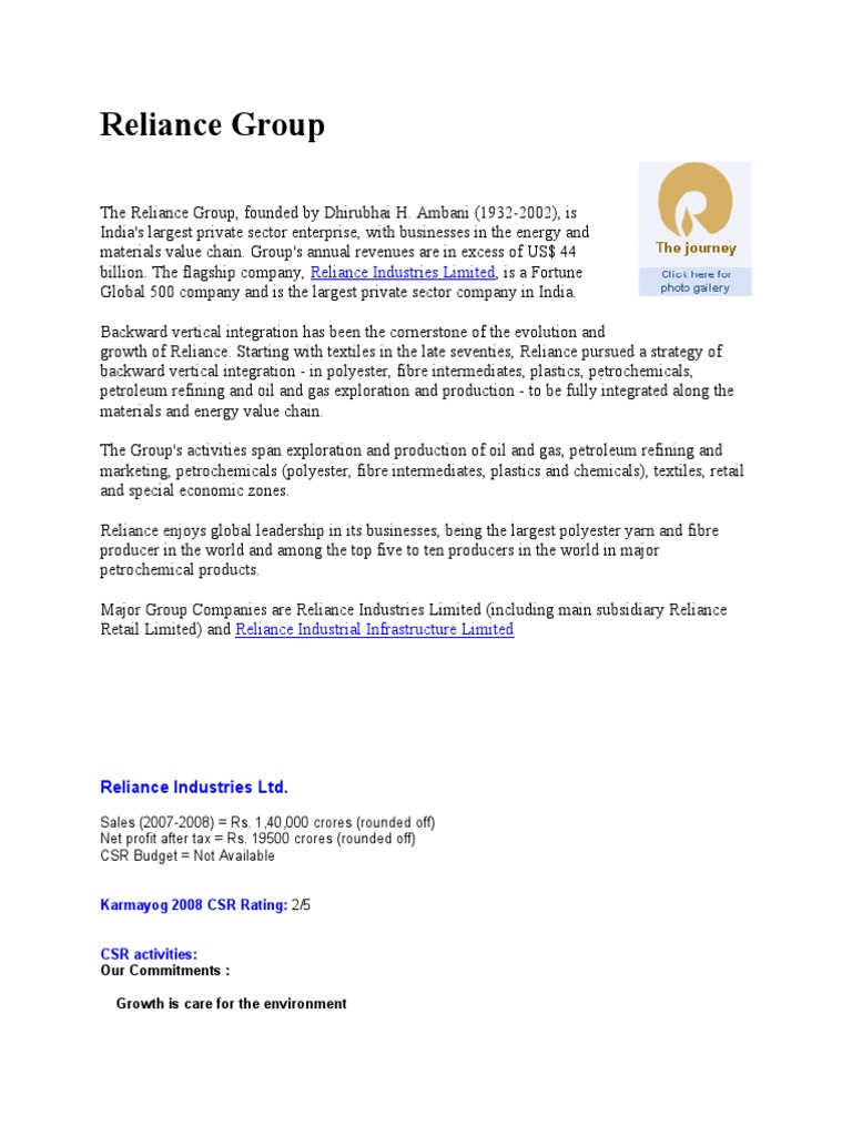 Reliance Group: Business & CSR Overview | PDF