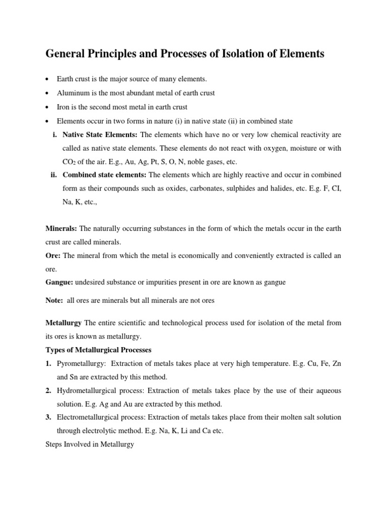 Principles of Metal Isolation Processes | PDF | Chemical Elements ...