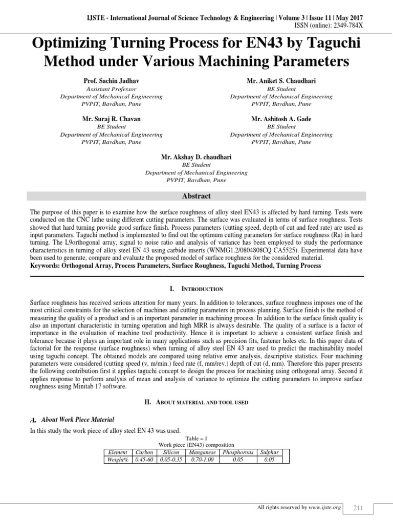 Optimizing Turning Process For EN43 by Taguchi Method Under Various ...