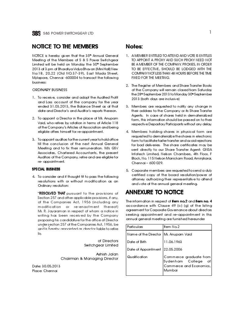 Notice of 35th Annual General Meeting of S&S Power Switchgear Limited