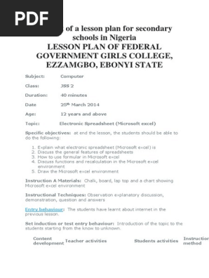 Format Of A Lesson Plan For Secondary Schools In Nigeria Pdf Spreadsheet Formula
