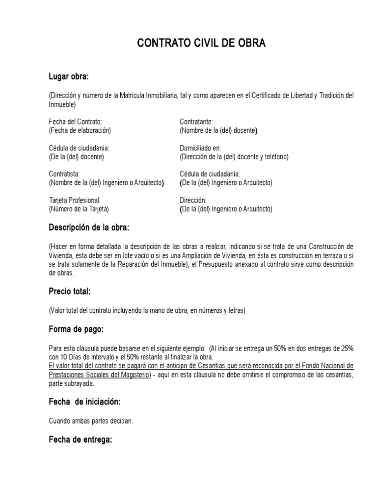 Modelo de contrato de obra civil 2019 en word