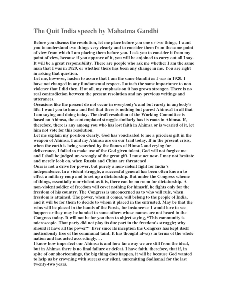 Gandhi's Quit India Speech 1942 | PDF | Nonviolence | British Raj
