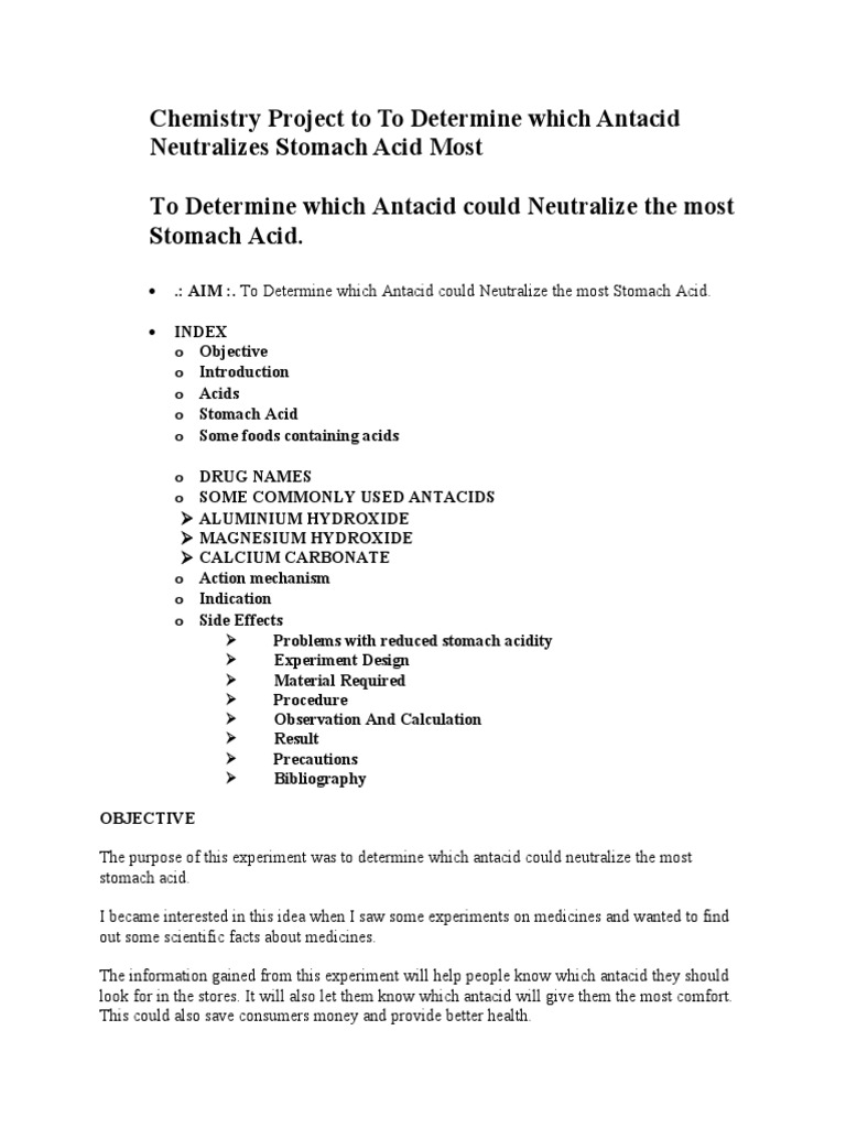 Chemistry Project To To Determine Which Antacid Neutralizes Stomach Acid Most To Determine Which