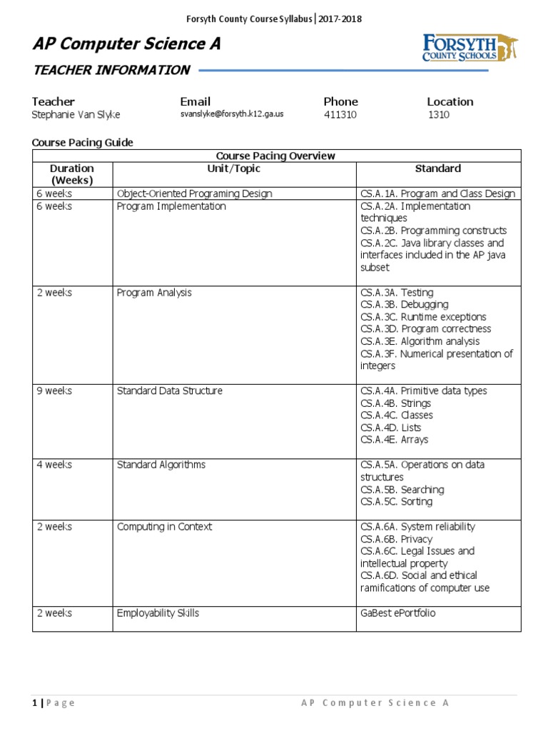 Ap Csa Van Slyke Pacing Guide | PDF | Computer Science | Class ...
