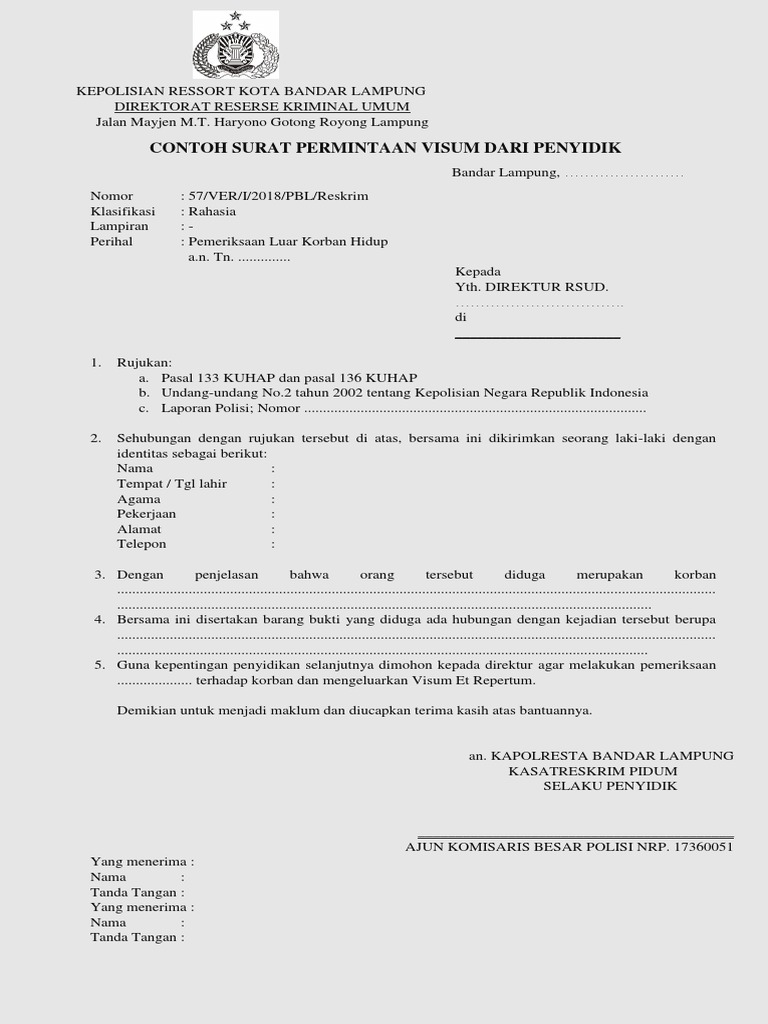 Contoh Surat Permintaan Visum Dari Penyidik