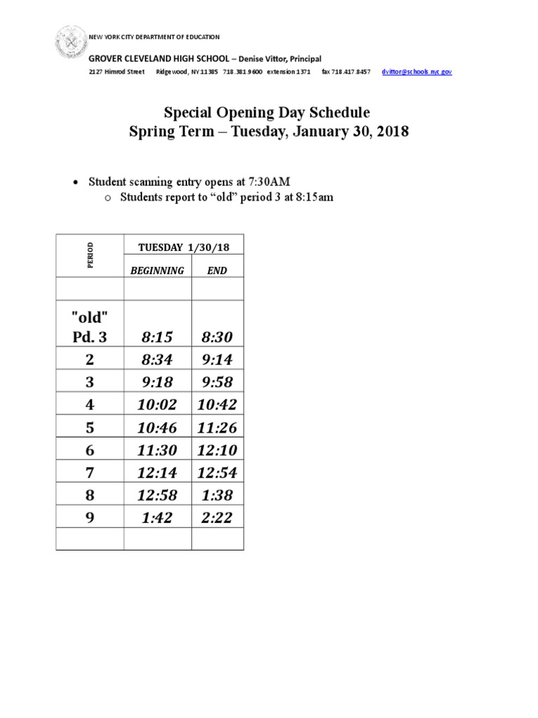 Opening Day Spring Term Schedule 13018 PDF