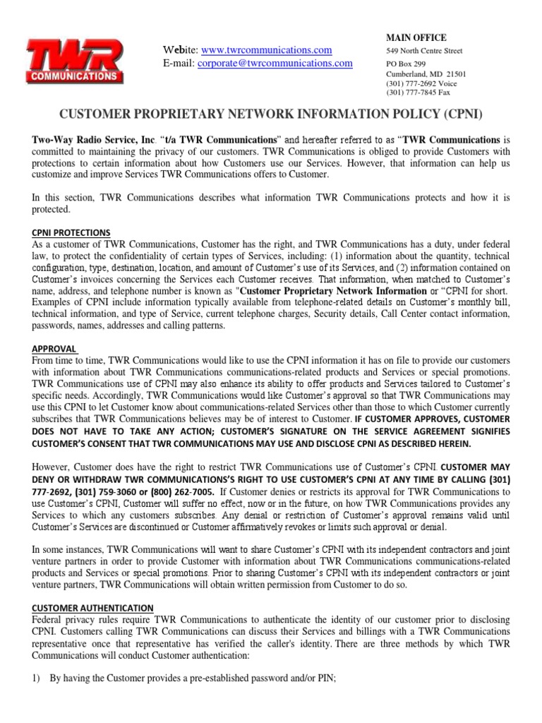 TWR Communications CPNI Policy Overview | PDF | Authentication | Privacy