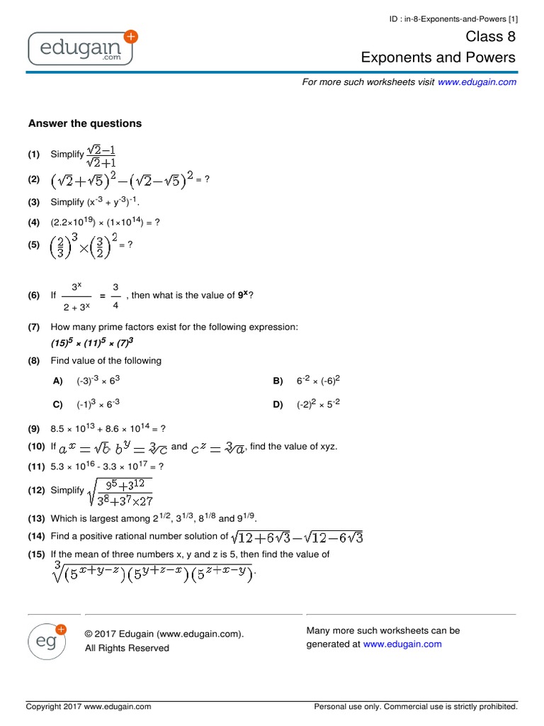 Grade 8 Exponents And Powers Exponentiation Integer