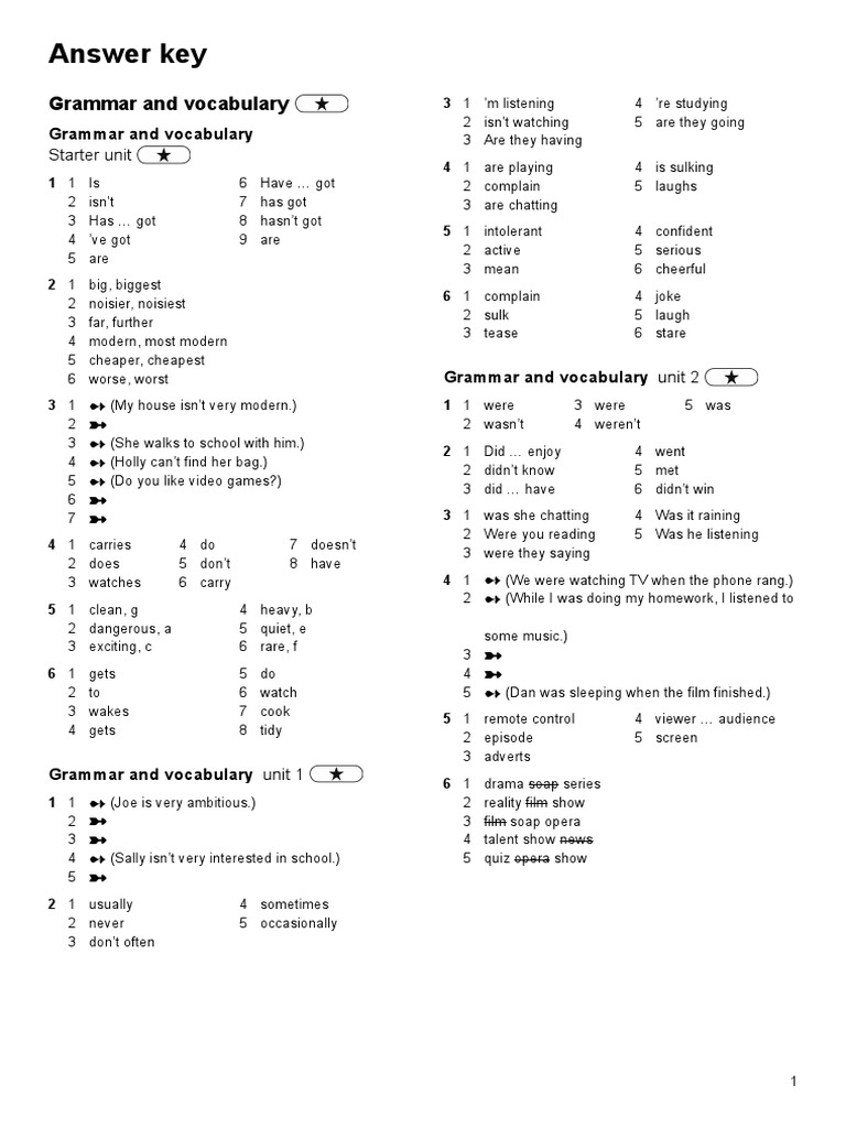 Grammar and Vocabulary Answer Key | PDF | Art Museum | Leisure