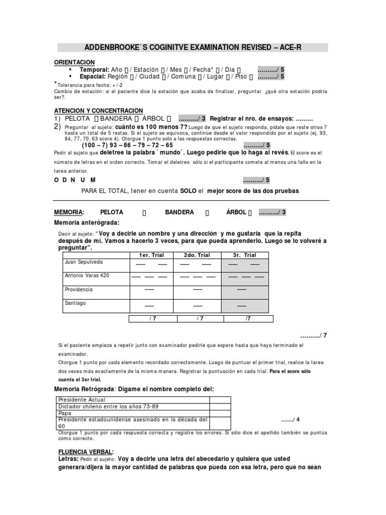 Examen Cognitivo ACE-R: Instrucciones y Puntajes | PDF | Reloj | Memoria