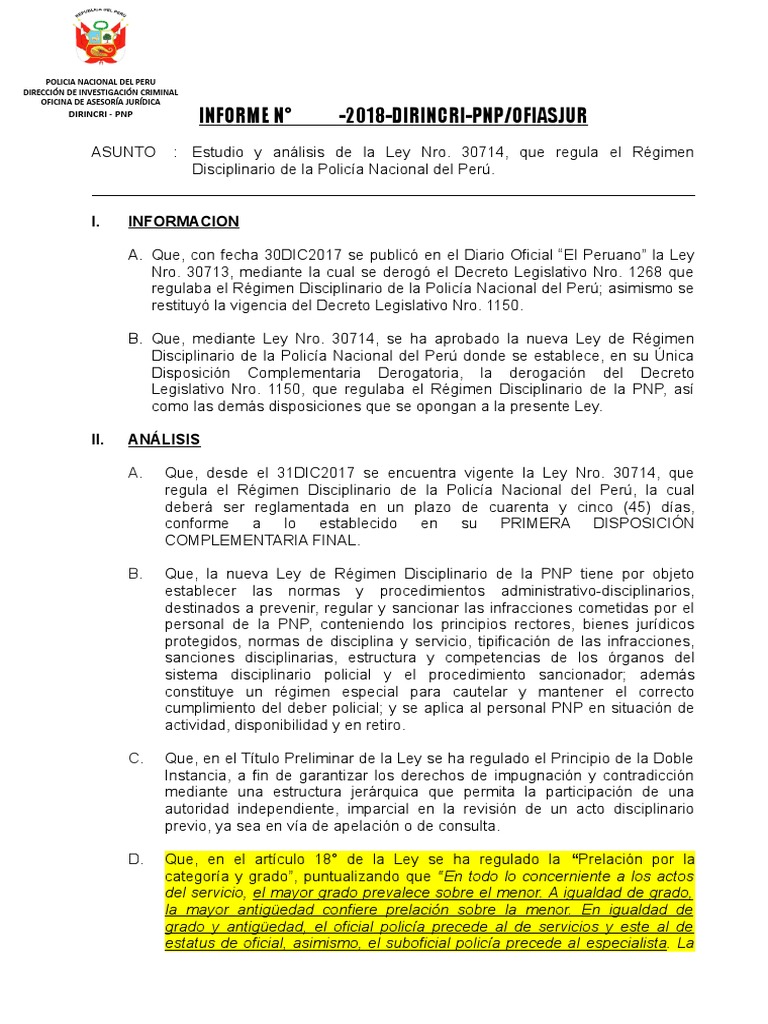 Informe Sobre La Ley 30714 - Regimen Disciplinario de La PNP | PDF ...