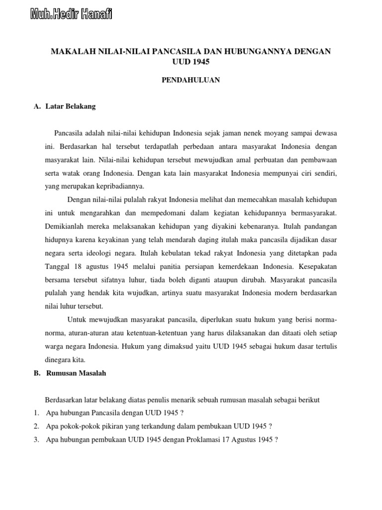 Makalah Nilai Nilai Pancasila Dan Hubungannya Dengan Uud 1945