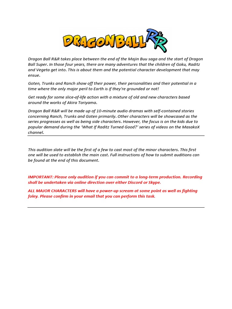 Dragon Ball R R Audition Slate PDF Dragon Ball Science Fantasy Comics