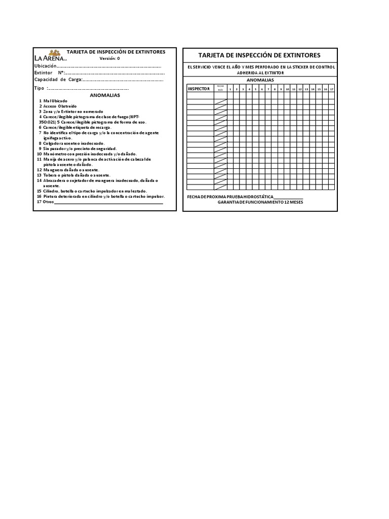 Tarjeta de Inspección de Extintores | PDF | Hogar, jardinería y ...