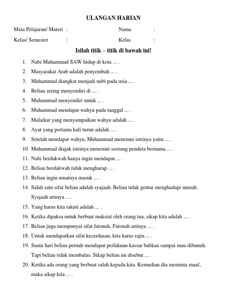 Soal Ulangan Kelas 5 Tarikh Sd Muhammadiyah