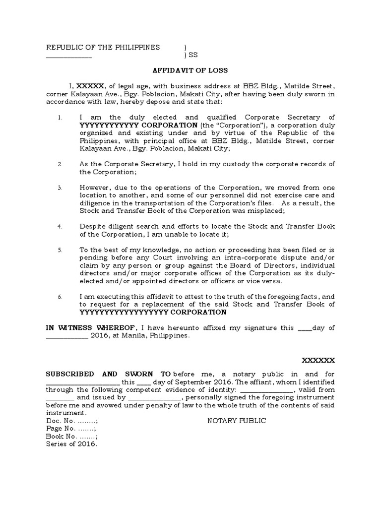 Affidavit of Loss STB PDF Affidavit Notary Public