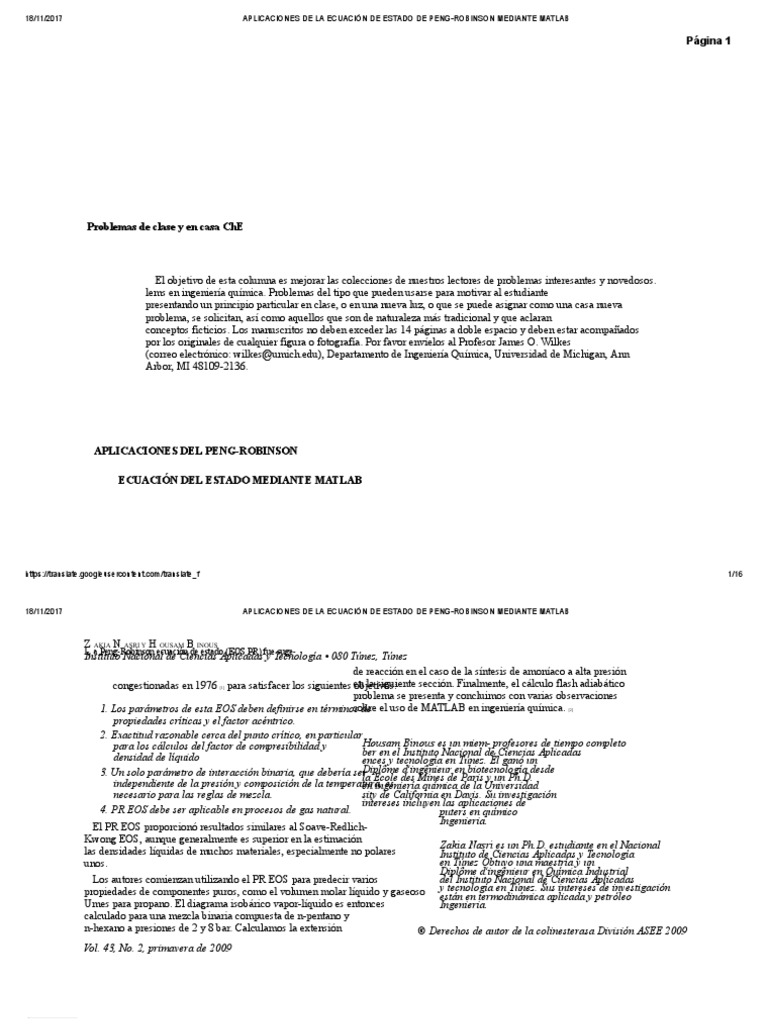 Aplicaciones de La Ecuación de Estado de Pengrobinson Mediante Matlab Gases Fases de la materia