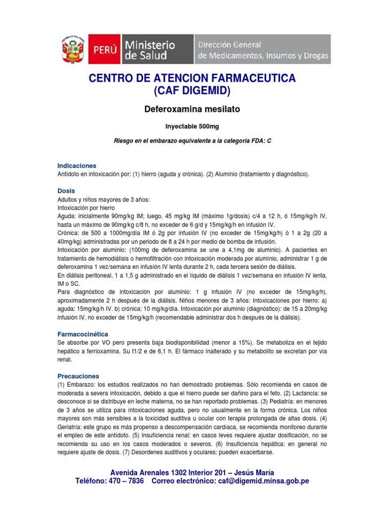 Deferoxamina Mesilato: Dosis y Precauciones | PDF | Farmacología ...