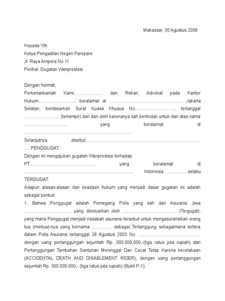 Surat Gugatan Wanprestasi