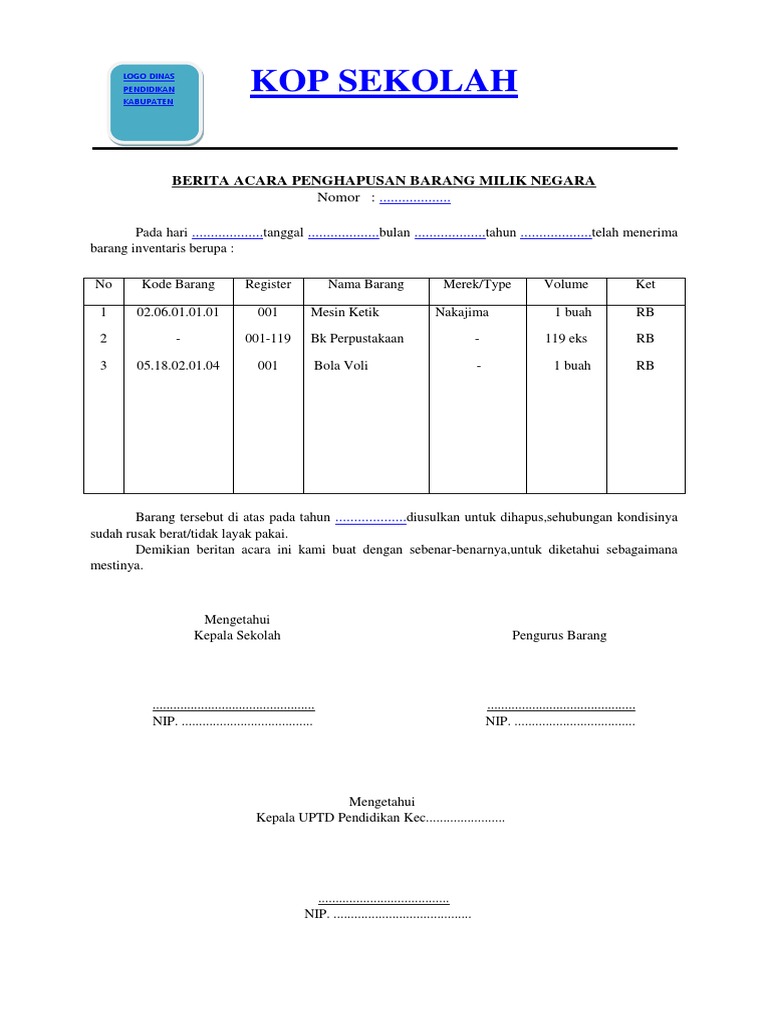 Format Berita Acara Penghapusan Barang Inventaris Sekolah 