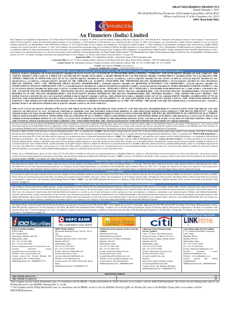 Au Financiers Draft Red Herring Prospectus | PDF | Stocks | Securities ...