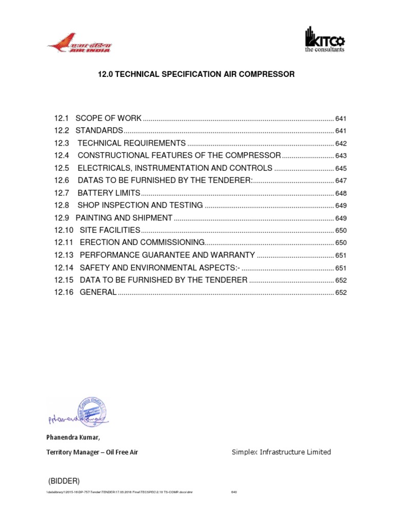 Air Compressor Technical Specifications | PDF | Specification ...