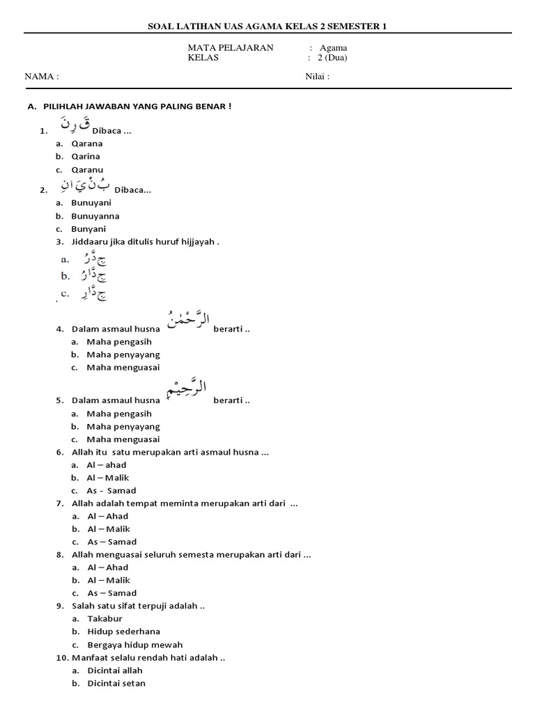 Contoh Soal Agama Tentang Asmaul Husna Soal Kelasmu