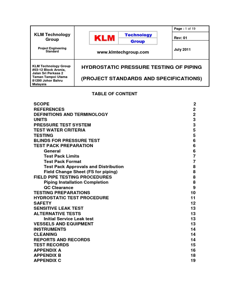 Hydrostatic Pressure Testing of Piping (Project Standards and ...
