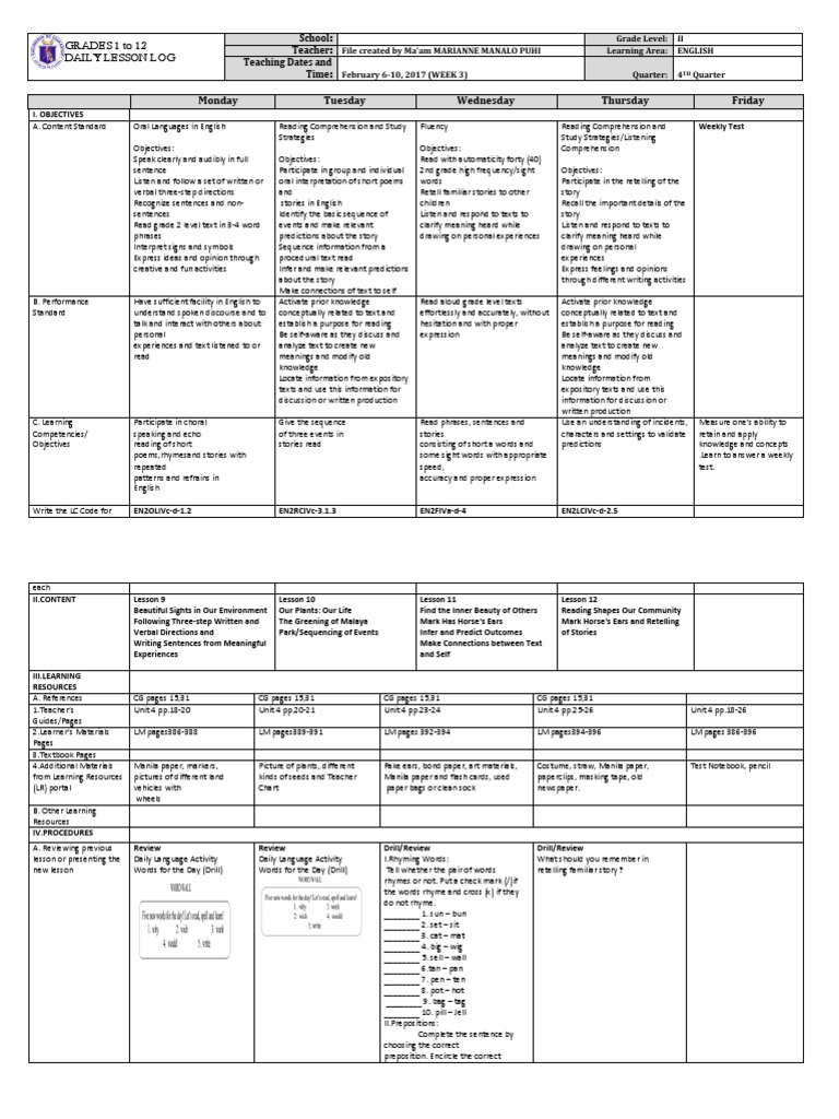 Grade 2 DLL ENGLISH 2 Q4 Week 3 | PDF | Reading Comprehension | Reading ...