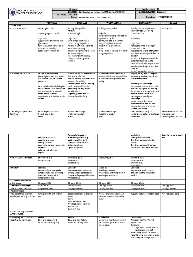 Grade 2 DLL Week 4 Overview | PDF | English Language | Reading ...