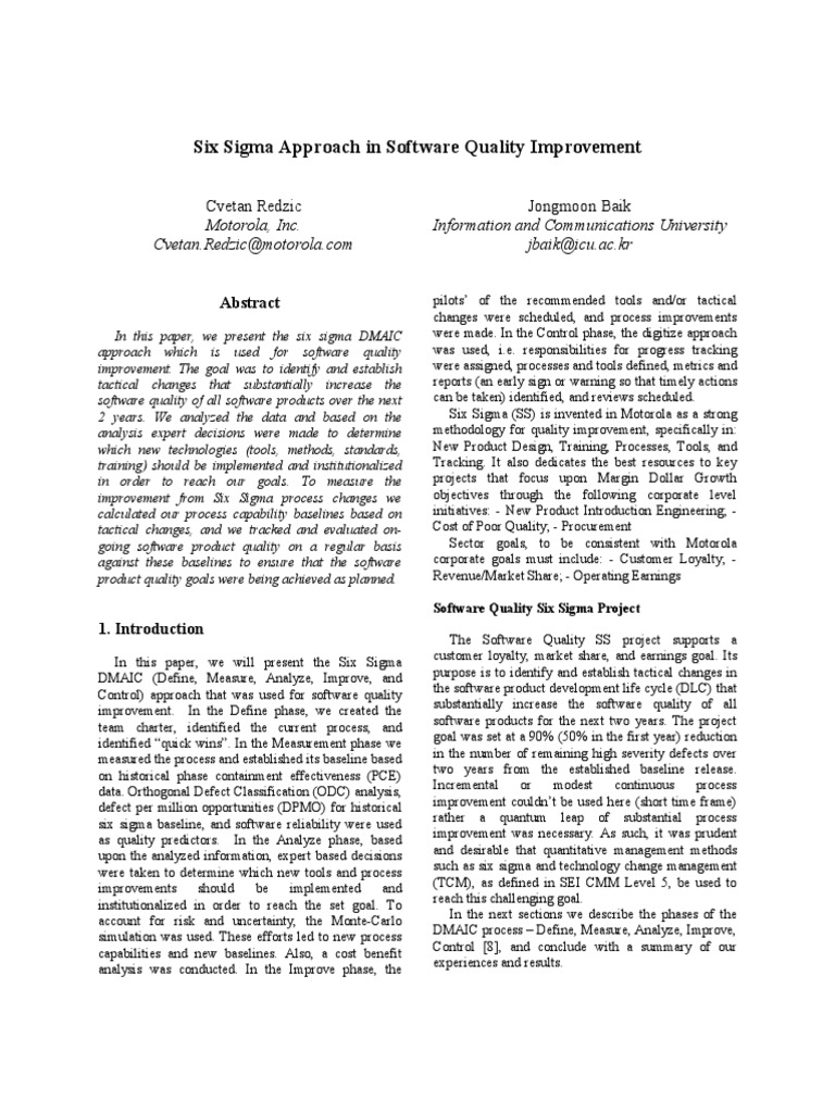 Six Sigma Approach in Software Quality Improvement | PDF | Reliability ...