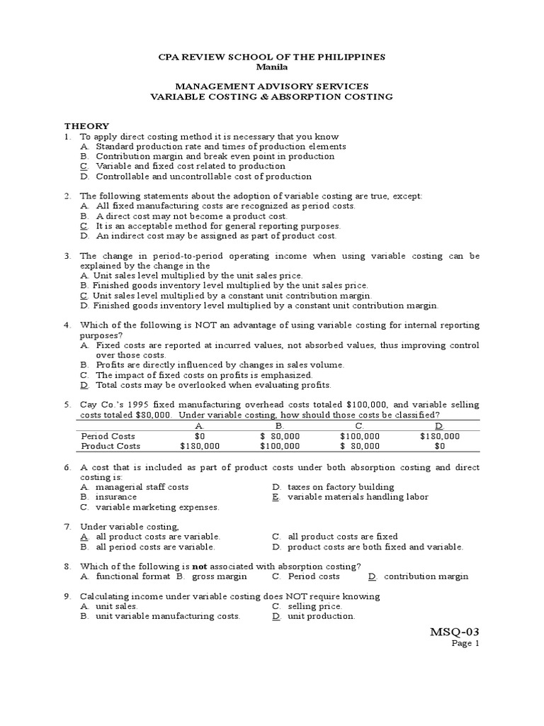 MSQ-02 - Variable & Absorption Costing (Final) | PDF | Cost Of Goods ...
