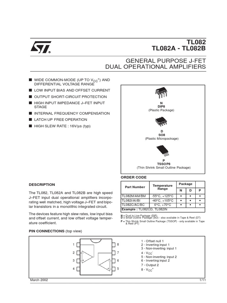 TL082 Dual Op Amp Datasheet | PDF | Amplifier | Operational Amplifier