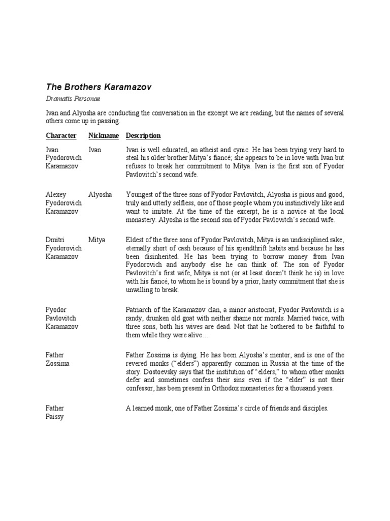 The Brothers Karamazov Dramatis Personae PDF The Brothers Karamazov Religion And Belief