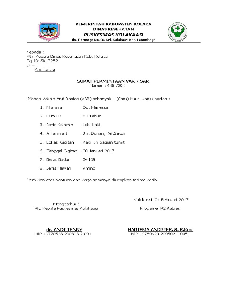 Surat Permintaan Vaksin Rabies | PDF