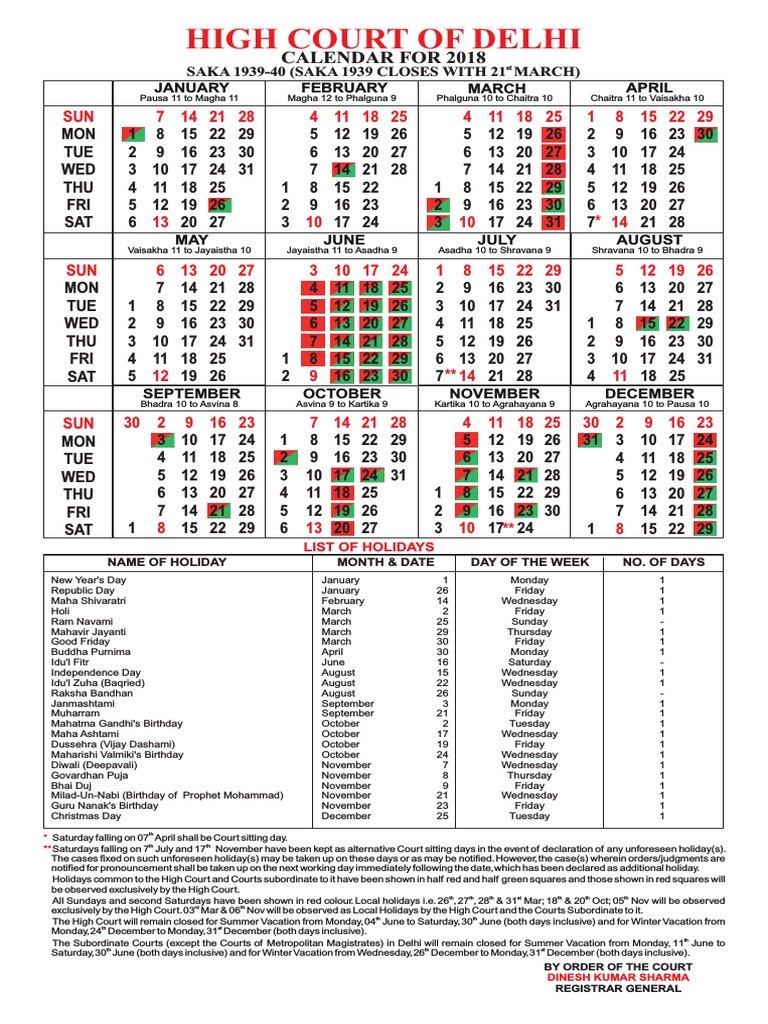 Delhi High Court Calendar, 2018 | Public Holiday | Festival