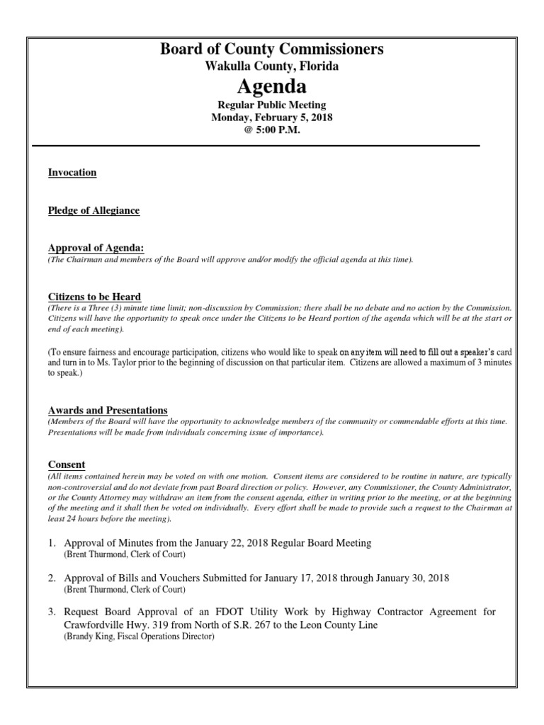 Draft Agenda for February 5 Wakulla County Commission meeting | Agenda