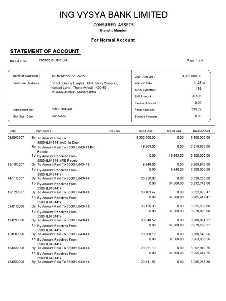 ING Vysya Bank Loan Statement | PDF | Debits And Credits | Services ...