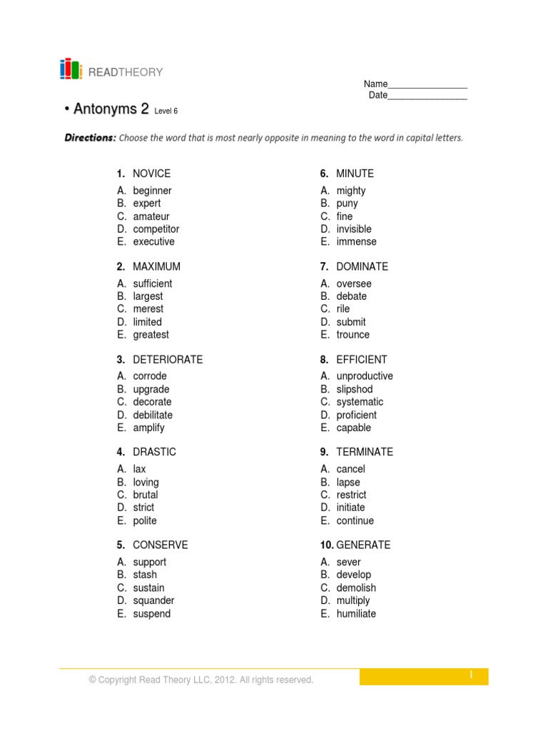 Synonyms and Antonyms - Beginner - Exercise 6 - Read Theory Workbooks