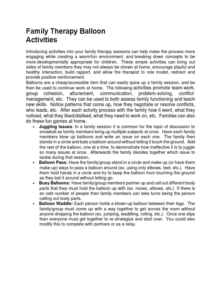 Family Therapy Balloon Activities PDF Psychology Psychological
