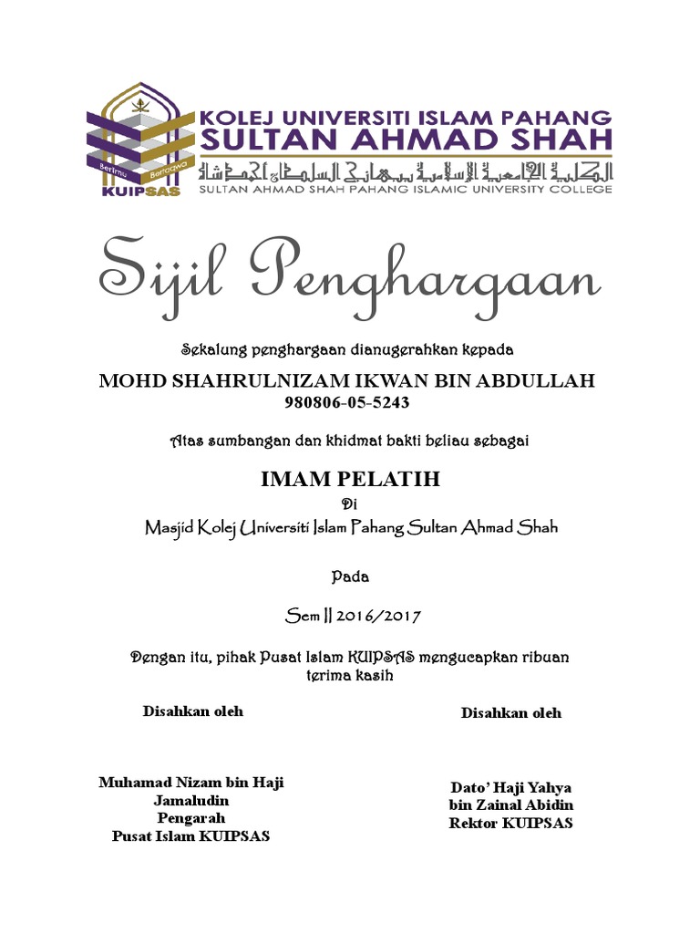 Sijil Penghargaan Imam Pdf