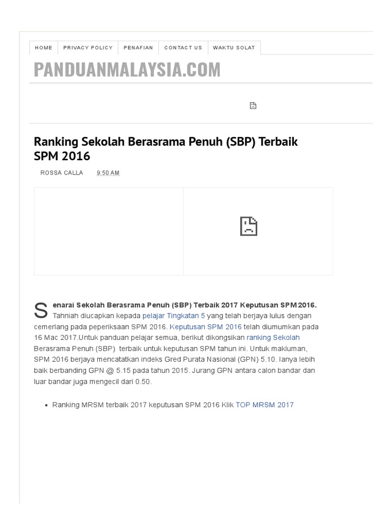 Ranking Sekolah Berasrama Penuh (SBP) Terbaik SPM 2016 | PDF