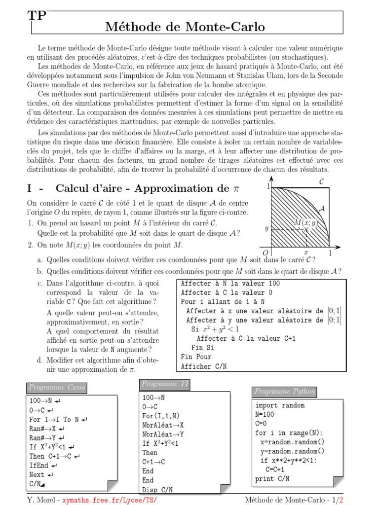 TP Methode Monte Carlo PDF | PDF | Méthode de Monte-Carlo | Analyse ...