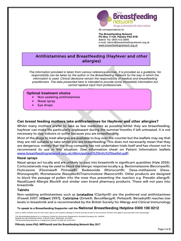 Antihistamines (Hayfever) and Breastfeeding PDF Breastfeeding Allergy