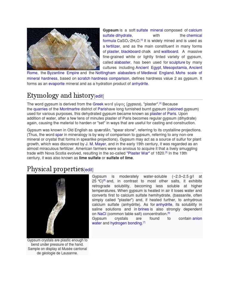 Etymology and History Gypsum Is A Soft PDF Gypsum Mineralogy