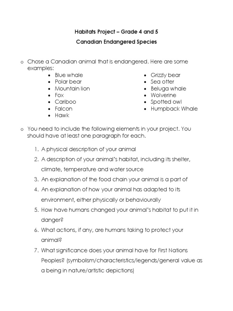 Endangered Canadian Species Project Guide | PDF